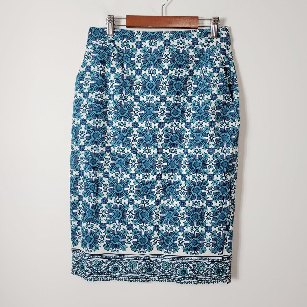 Boden Size 4L Gabriella Pencil Skirt Ivory and Indian Ocean Knee Length